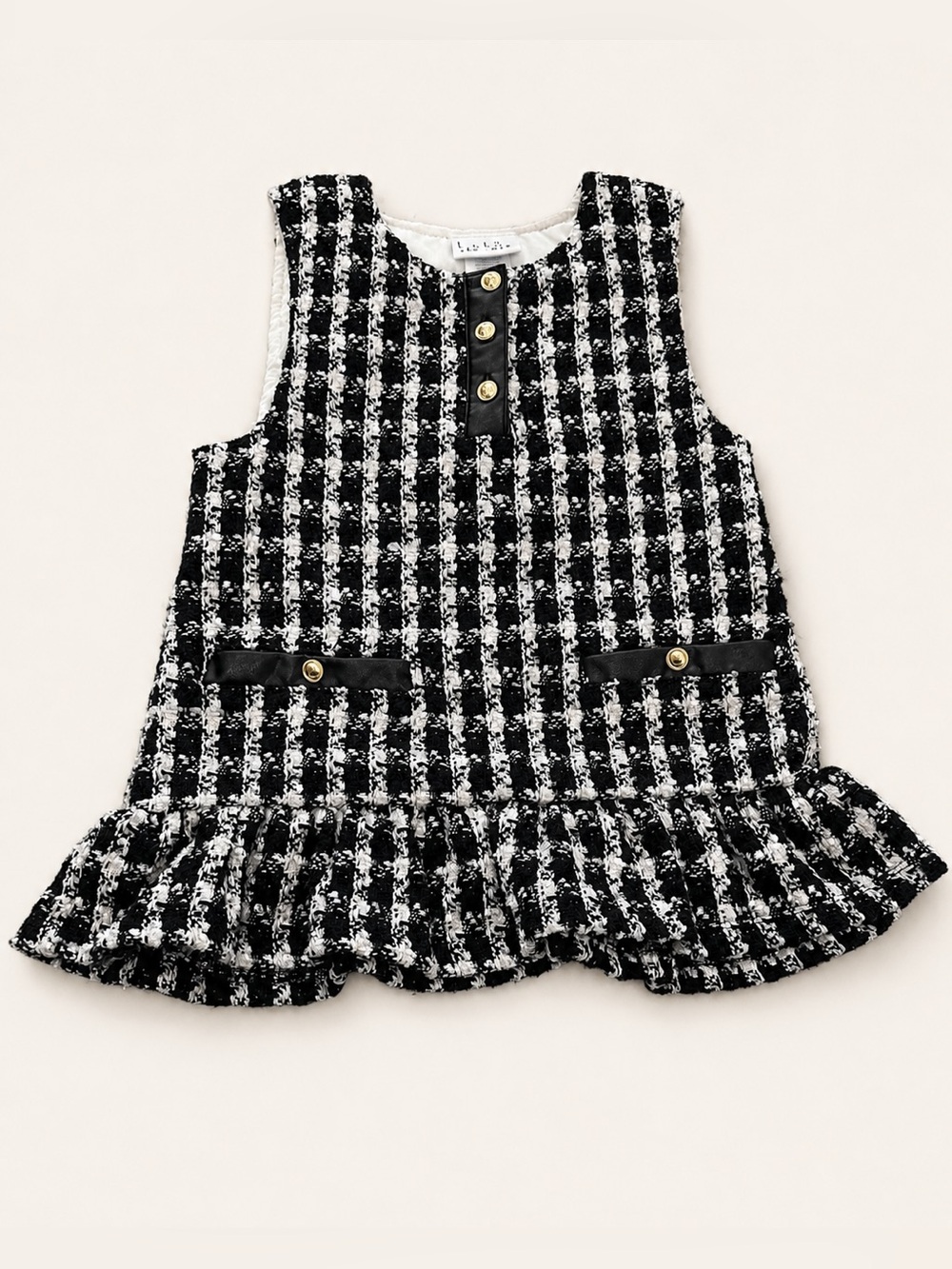 Nicole Miller Girls 3T Black & White Tweed Ruffle Hem Dress with Gold Buttons